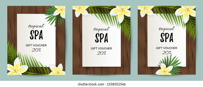 Tropical backdrop with exotic leaves, flower. Spa flyers set. Place for text. Great for party invitation, wedding, bridal shower, aroma, health care, cosmetics, touristic concept. Vector illustration