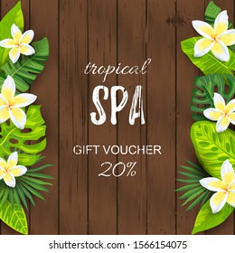 Tropical backdrop with exotic leaves, flower. Place for text. Great for tropical wedding, spa flyer, jungle party invitation, bridal shower, aroma, health care, cosmetics. Vector illustration.