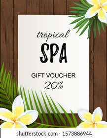Tropical backdrop with exotic leaves, flower. Place for text. Great for tropical wedding, spa flyer, jungle party invitation, bridal shower, aroma, health care, cosmetics. Vector illustration.