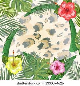 Tropical backdrop with frame or border made of tropical flower and leaves and place for text and leopard skin background. Flat vector illustration.