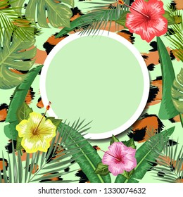 Tropical backdrop with frame or border made of tropical flower and leaves and place for text and leopard skin background. Flat vector illustration.