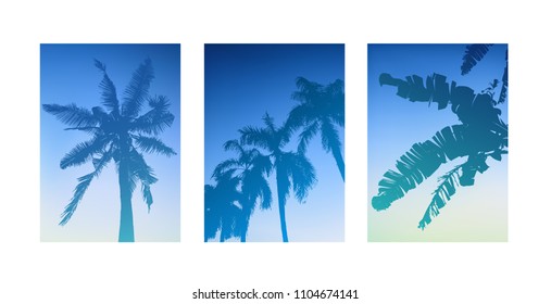 Tropical background A4 paper template. Blue summer poster print design image. Vector palm leaf 