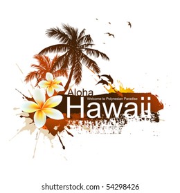 Tropical background. Aloha Hawaii.  Vector palms, dolphins, plumeria flower.