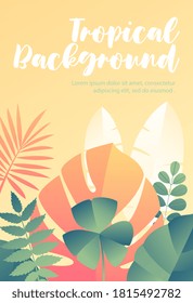 Tropical background with assorted leaves on a yellow background below text, colored vector illustration