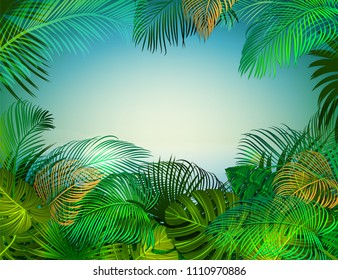 Tropical background with banana leaves, palm trees and exotic plants. Botanical vector illustration.