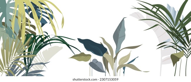 Tropical background with banana leaves, palm trees and exotic plants. Botanical vector illustration.