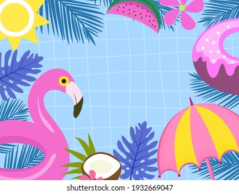 Tropical background banner. Summer pool with beach party element, flamingo swimming circle, donut. Vector illustration