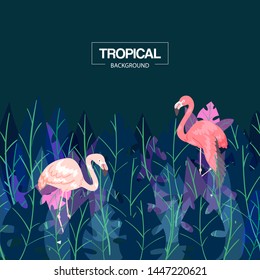 Tropical background banner vector illustration. Pink flamingos and tropical palm tree leaves in dark colors. Exotic Hawaii with tropical birds. Beach decor, jungle. Beautiful animals.