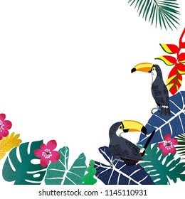 Tropical background  with  birds  and  plants, Hand drawn on white background.