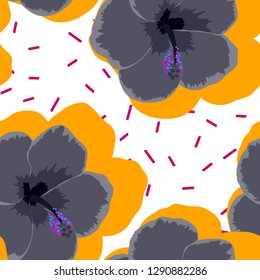 Tropical background with black flowers. Floral seamless background with hibiscus.