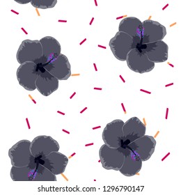 Tropical background with black flowers. Floral seamless background with hibiscus.