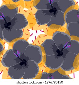 Tropical background with black flowers. Floral seamless background with hibiscus.