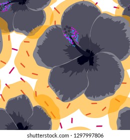 Tropical background with black flowers. Floral seamless background with hibiscus.
