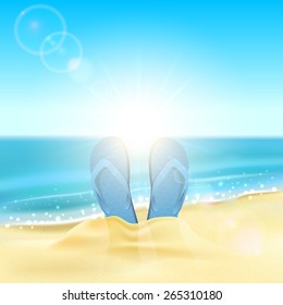 Tropical background with blue flip flops on the sandy beach, illustration.