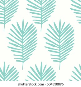 Tropical Background With Blue Hand Drawn Palm Leaves On White. Tropic Seamless Pattern. Vector.