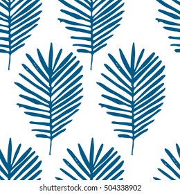 Tropical background with blue hand drawn palm leaves on white. Tropic seamless pattern. Vector.