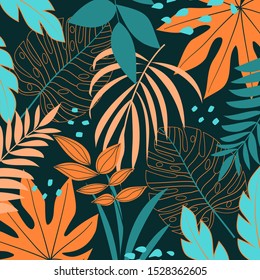 Tropical background with blue and yellow leaves and plants. Trendy hand drawn textures. Vector template. Illustration in Hawaiian style. Jungle leaves. Summer background with exotic leaves.