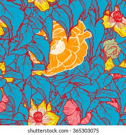 Tropical background. Bright Abstract wallpaper seamless vintage flower pattern. Virginia Creeper leaves with flowers. Summer backdrop. For using t-shirt, textile, web, packing and etc.