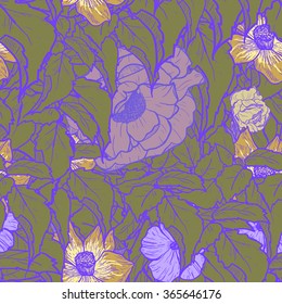 Tropical background. Bright Abstract wallpaper seamless vintage flower pattern. Virginia Creeper leaves with flowers. Summer backdrop. For using t-shirt, textile, web, packing and etc.