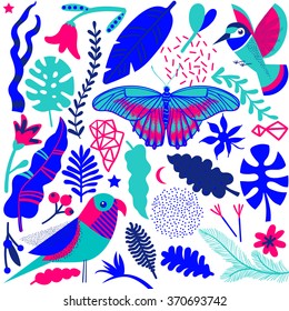 Tropical background with butterflies, leaves and birds. Set of tropical vector illustrations.