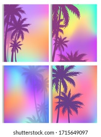 Tropical background with coconut palm tree vector illustration set. Cartoon flat silhouettes of exotic island, tropic nature of beach or jungle. Palm tree leaf trendy design for banner, flyer, poster