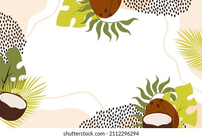 Tropical background with coconuts and tropical leaves. Frame with tropical plants and spots. 