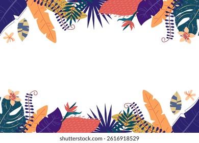 Tropical background with colorful leaves border. Summer exotic plants frame with blank space for text. Boho foliage horizontal wallpaper design with copy space. Flat isolated vector illustration.