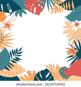Tropical background with colorful leaves. Summer exotic plants frame with blank space for text. Boho foliage botanical design. Square shape wallpaper with copy space. Flat isolated vector illustration