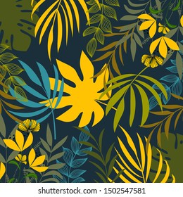 Tropical background with colorful plants and leaves. Vector illustration for fabric, print and Wallpaper. Yellow and green leaves on a dark background. Botanical exotic jungle Wallpaper.