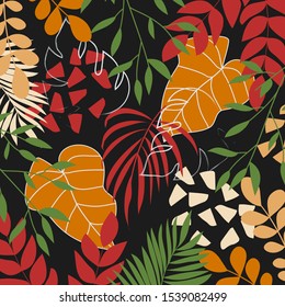 Tropical background with colorful plants and leaves. Hand draw texture. Vector template. Vector background for various surface.  Illustration in Hawaiian style. Jungle leaves.