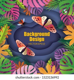 Tropical background. Composition with colorful tropical leaves and insects. (moth, beetle & ant) - Vector