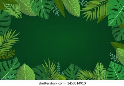 Tropical background. Composition with green tropical leaves