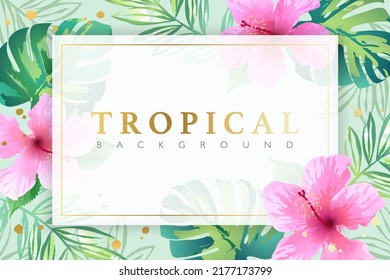 Tropical background decorated with hibiscus flowers and tropical leaves on light blue background