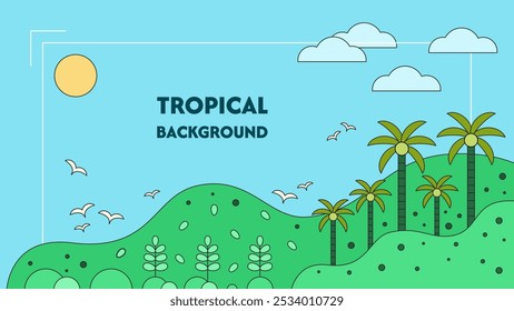Tropical background design with palm trees, leaves, sun, clouds, and birds. Vector illustration.