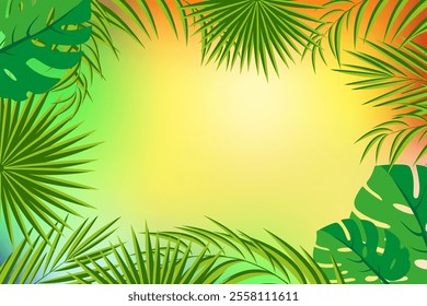 Tropical background design template. Tropical Frame Background with Palm, Monstera leaves and colorful background. Vector EPS 10