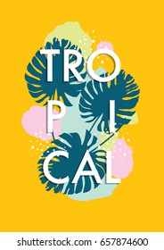 Tropical background design with typography/ Leaf illustrations/ Typographic design