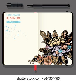 Tropical Background with Exotic Flowers and Leaf. Vector Notebooks with Fine Liner Pen and Hand Drawn Doodles.