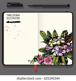 Tropical Background with Exotic Flowers and Leaf. Vector Notebooks with Fine Liner Pen and Hand Drawn Doodles.