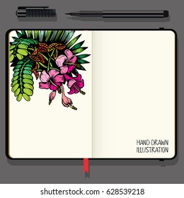Tropical Background with Exotic Flowers and Leaf. Vector Notebooks with Fine Liner Pen and Hand Drawn Doodles.