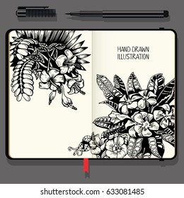 Tropical Background with Exotic Flowers and Leaf. Vector Notebooks with Fine Liner Pen and Hand Drawn Doodles.