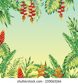 tropical background, exotic flowers and palm leaves.