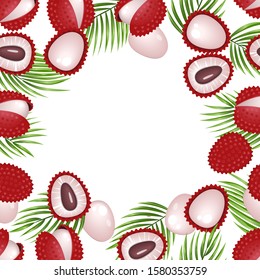 Tropical background. Exotic fruitsand palm leaves. Lychee fruit frame. Vector illustration.