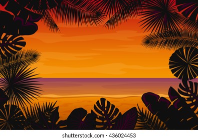 Tropical Background with Exotic Tropical Leaves. Fan, Coconut, Banana Palms, Monstera, Aralia, Bird of Paradise, Fern, Alocasia Leaves. Sunset at Seaside Background
