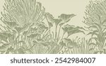 Tropical background with exotic leaves and protea flowers on green background. Hand drawn vector illustration.
