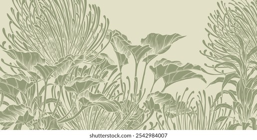 Tropical background with exotic leaves and protea flowers on green background. Hand drawn vector illustration.