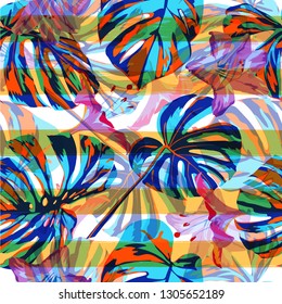 Tropical Background. Exotic Palm Greenery Backdrop. Repeatable Illustration. Summer Design for Swimwear. Tropical Flowers and Leaves Background.