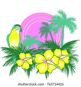 Tropical background with exotic palm leaves, sun, parrot and hibiscus flowers. Vector floral background.