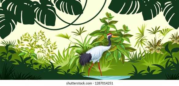 Tropical background with exotic plants jungle. Crane, palm and liana. Isolated vector illustration. - Shutterstock ID 1287014251