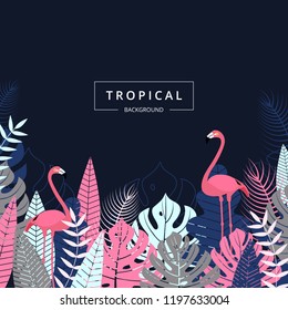 Tropical background with Flamingo bird. Tropical leaves and flower. Jungle exotic leaf on dark background for promotion banner design, flyer, party poster, printing and website. Vector illustration.