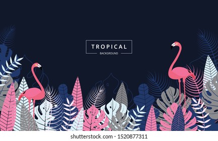 Tropical background with Flamingo bird. Tropical leaves and flower. Jungle exotic leaf on dark background for promotion banner design, flyer, party poster, printing and website. Vector illustration.